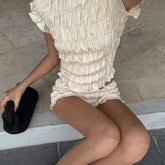 Ruched Elastic Short Sleeve Crop Top And Ruffles Hem Shorts Set